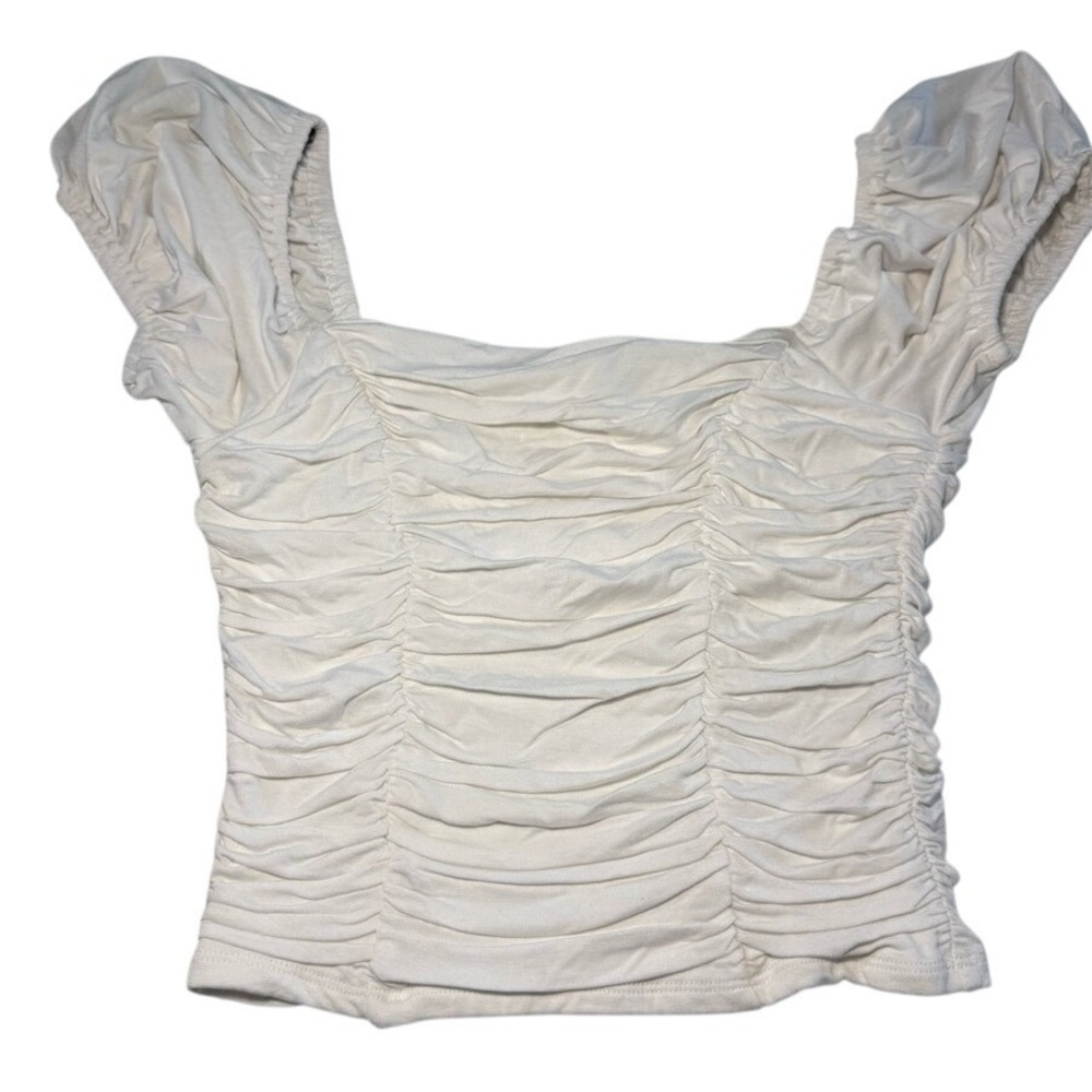 Forever 21 White Ruched Puff Sleeve Square Neck Crop‎ Top Small NWT
